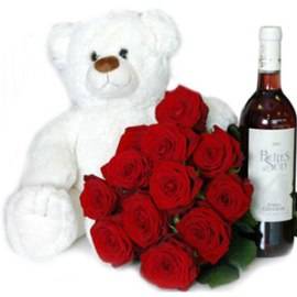 Teddy Bear, 15 Roses & Wine